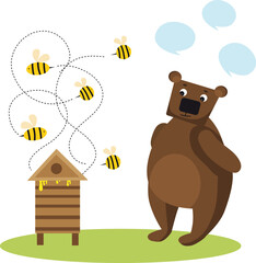 Vector Illustration Bear Beekeeper with Honey Pot , Bees Cute Cartoon vector