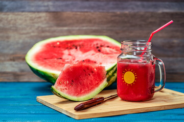 watermelon smoothie on wooden table