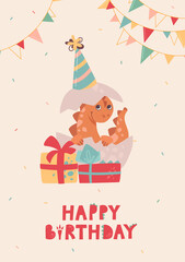 Babys birthday card. A small dinosaur hatched from an egg. Dino smiles, celebration, fun, gifts and bunting. Funny festive vector card for kids