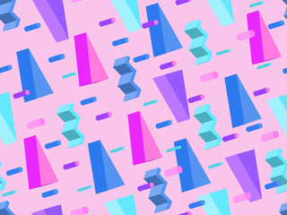 Geometric seamless pattern in memphis style with 3d geometric shapes. Isometric geometry in the style of the 80s for promotional products, wrapping paper and printing. Vector illustration