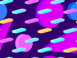 Memphis seamless pattern with 3d isometric geometric shapes in the style of the 80s. Background for promotional products, wrapping paper and printing. Vector illustration