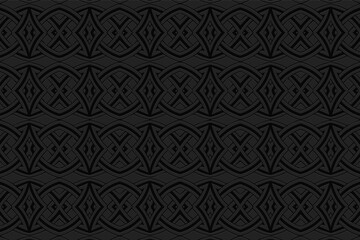 3d volumetric convex geometric black background. Ethnic embossed islamic, moroccan, arabic pattern. Figured style of doodling. Ornament for wallpaper, stained glass, presentations, textiles.