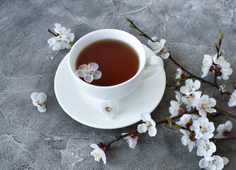 a cup of tea and spring blossom