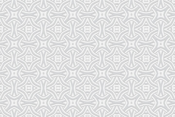 3d volumetric convex geometric white background. Ethnic embossed islamic, moroccan, arabic pattern. Beautiful original decorative doodling style. Ornament for wallpaper, stained glass, presentations, 