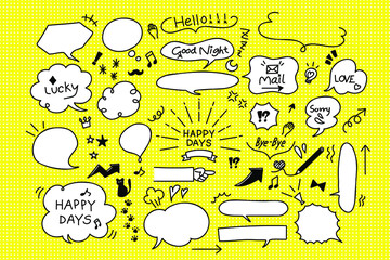 Set of speech bubbles comic doodle on yellow dot background. Vector illustration
