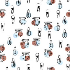 pattern of doodles on cosmetics cream,eye shadow, face powder, brush, foundation cream, mascara on a white background