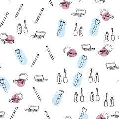 pattern of doodles on cosmetics cream,eye shadow, face powder, brush, foundation cream, mascara on a white background