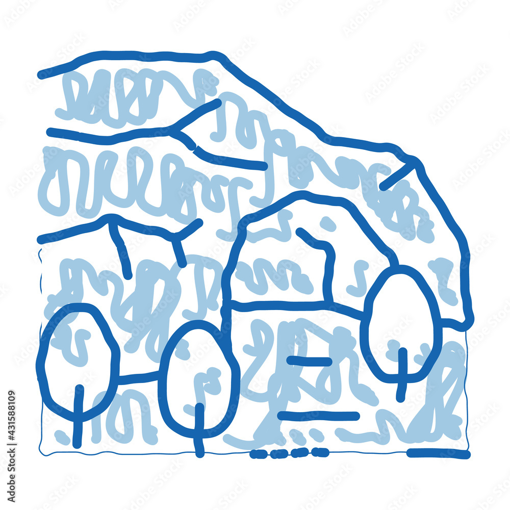 Sticker mountain cave among forest doodle icon hand drawn illustration