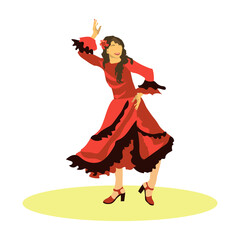 A dark-haired girl is passionately dancing a Spanish flamenco dance in a bright red dress with black frills, raising her hand up.