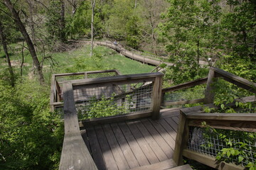 Fototapeta premium Wooden staircases leading down to a riverside boardwalk