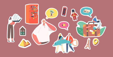 Set Stickers Characters Collect Magnet Souvenirs after Visiting Countries put on Refrigerator Door. People Save Memory
