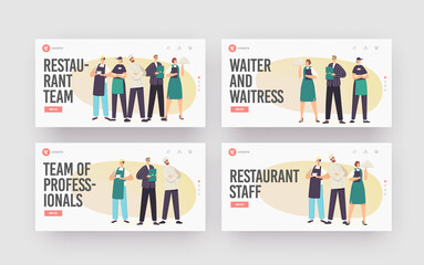 Restaurant Team Landing Page Template Set. Characters in Uniform Demonstrating Menu. Cafeteria Staff Hospitality