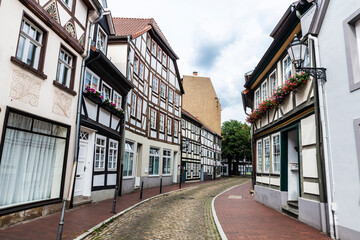 Street with medieval houses in Hamelin, Germany