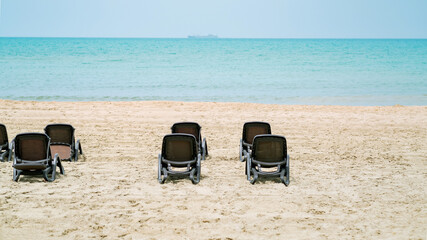 Sunbeds at the beach of Durres on Albania
