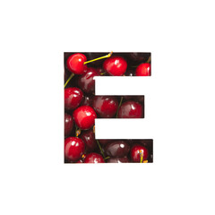 Cherries alphabet. Letter E made of berries and paper cut isolated on white. Typeface for organic food market. Vitamins