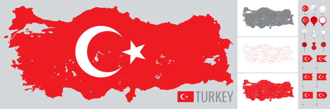 Turkey vector map with flag, globe and icons on white background