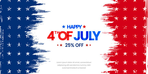 Happy 4th of July modern trendy design with the sale, off, discount, offer 3d star lettering, typography design on red and blue grunge, vintage American background. - obrazy, fototapety, plakaty