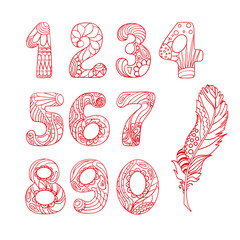 Numbers. Alphabet. Zentangle. Hand drawn numbers with feather on isolation background. Design for spiritual relaxation for adults. Line art creation. Print for t-shirts, polygraphy and textiles