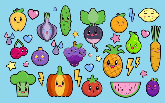 Set Of Colorful Images Of Cute Kawaii Vegetables And Fruits. Isolated Elements On Blue Background, Flat Style Objects For Design. Funny Food, Characters For Children, Vector Illustration EPS