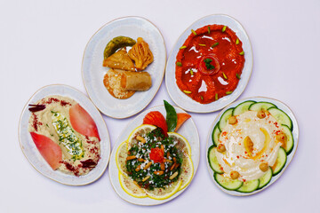 libanese food mezze, arabic food includes hummus, muhammara, moutabal, taboule and vine leaves.