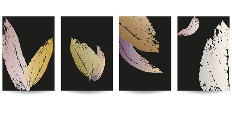 Set of minimalistic elegant wall decor posters. Luxurious dark background with abstract golden and pink leaves. Creative templates for weddings, invitations, birthday, parties, cards, posters, covers. © mrnvb