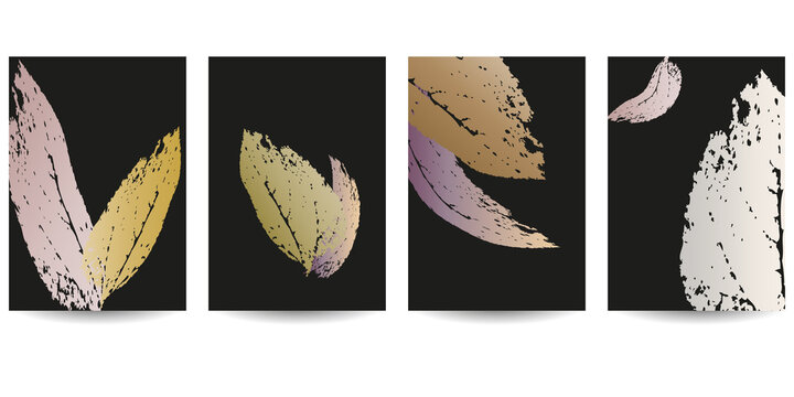 Set of minimalistic elegant wall decor posters. Luxurious dark background with abstract golden and pink leaves. Creative templates for weddings, invitations, birthday, parties, cards, posters, covers.