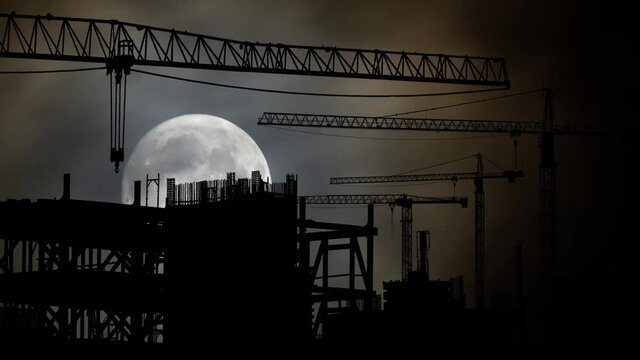 Industrial Crane, Time Lapse by Night with Full Moon