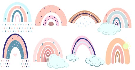 Set of rainbows with drops and clouds.Cute vector pastel elements. Design for logos. Home decoration. Cartoon, childish image. Scandinavian style.
Rainbow printable shapes.