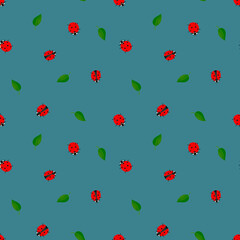 Vector seamless pattern with small red ladybugs and leaves on a blue background in a flat style. Cute insect pattern for fabrics, children's clothing, packaging, pet stores