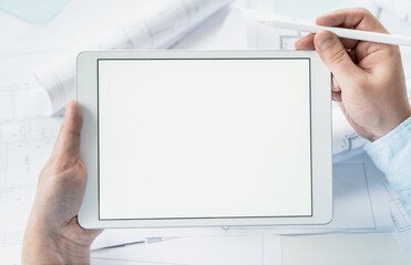 Working businessman investor.Blank tablet screen for mockup template.Financial report,presenatation.Diagram,chart,analytics,project profit evaluation.Business meeting,negotiations.CEO general manager