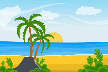 Fototapeta na wymiar view of the ocean of palm trees and sun. summer landscapes vector illustration.