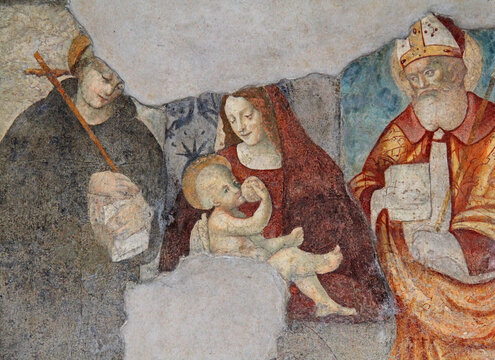 Madonna in trono con Bambino tra i santi Antonio e Agostino; particolare di affresco nella chiesa di San Cristoforo sul Naviglio Grande, Milano