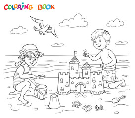 Coloring book or page. A girl and a boy are playing on the beach near the sea. The boy is building a sandcastle. The girl plays with a bucket and sand. - 431597994