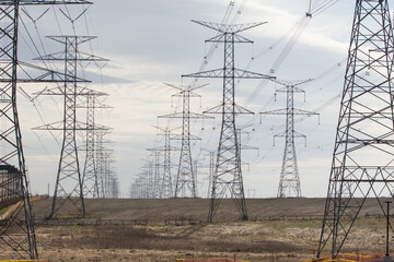 A field of electrical transmission towers.