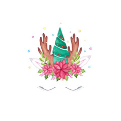 Watercolor Christmas unicorn face. Watercolor cartoon reindeer unicorn head with Xmas tree, poinsettia flower, holly crown and antlers.