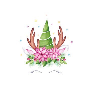 Watercolor Christmas unicorn face. Watercolor cartoon reindeer unicorn head with Xmas tree, poinsettia flower, holly crown and antlers.