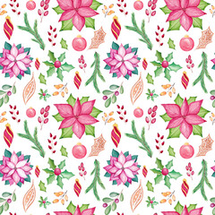 Watercolor Christmas seamless pattern with watercolor traditional seasonal elements.