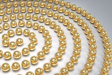 A thread with gold beads is wrapped in a spiral. Beautiful stylish background in silvery-gold colors. 3d illustration.
