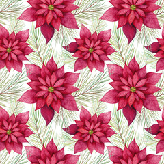 Watercolor poinsettia flowers seamless pattern