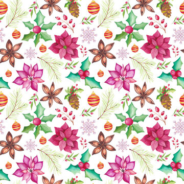 Watercolor Christmas seamless pattern with watercolor traditional seasonal elements. poinsettia, baubles, fir tree, star anise