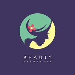 Beauty salon logo design with young girl portrait. Hair salon and spa vector symbol. Beauty icon.