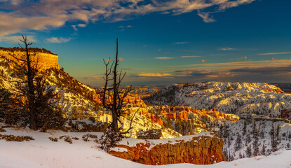 Sunset on Snow Covered Hoodoos of Bryce Canyon
