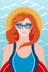 A slender girl with red hair and sunglasses stands against the background of the ocean with a red life buoy. Vector illustration.