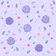 Cute pattern with octopuses, seaweed and starfish.
