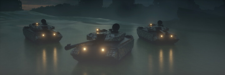 Military silhouettes three tanks on war fog sky background. War Concept. 3d rendering