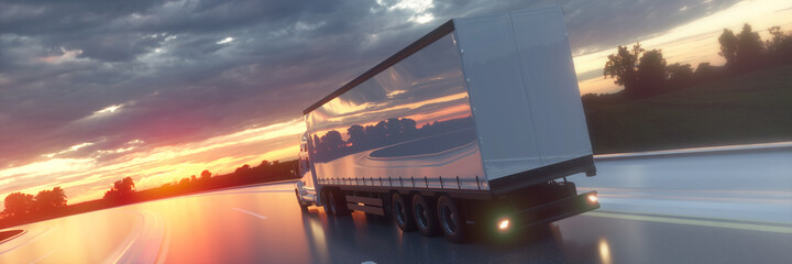 Truck on the road, highway. Transports, logistics concept. 3d rendering