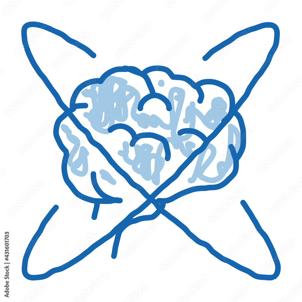 Sticker brain in center of atom doodle icon hand drawn illustration