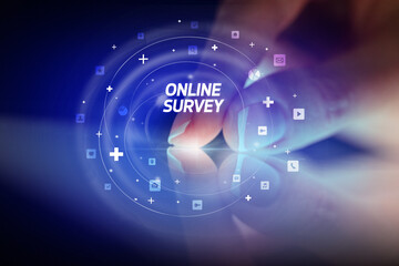 Finger touching tablet with social media icons concept