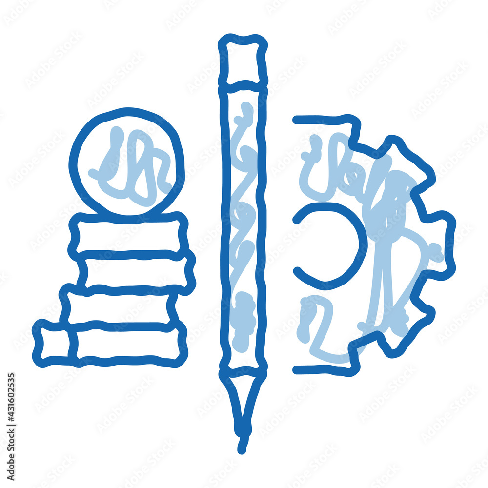 Sticker coin heap pen and mechanical gear doodle icon hand drawn illustration