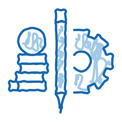 coin heap pen and mechanical gear doodle icon hand drawn illustration